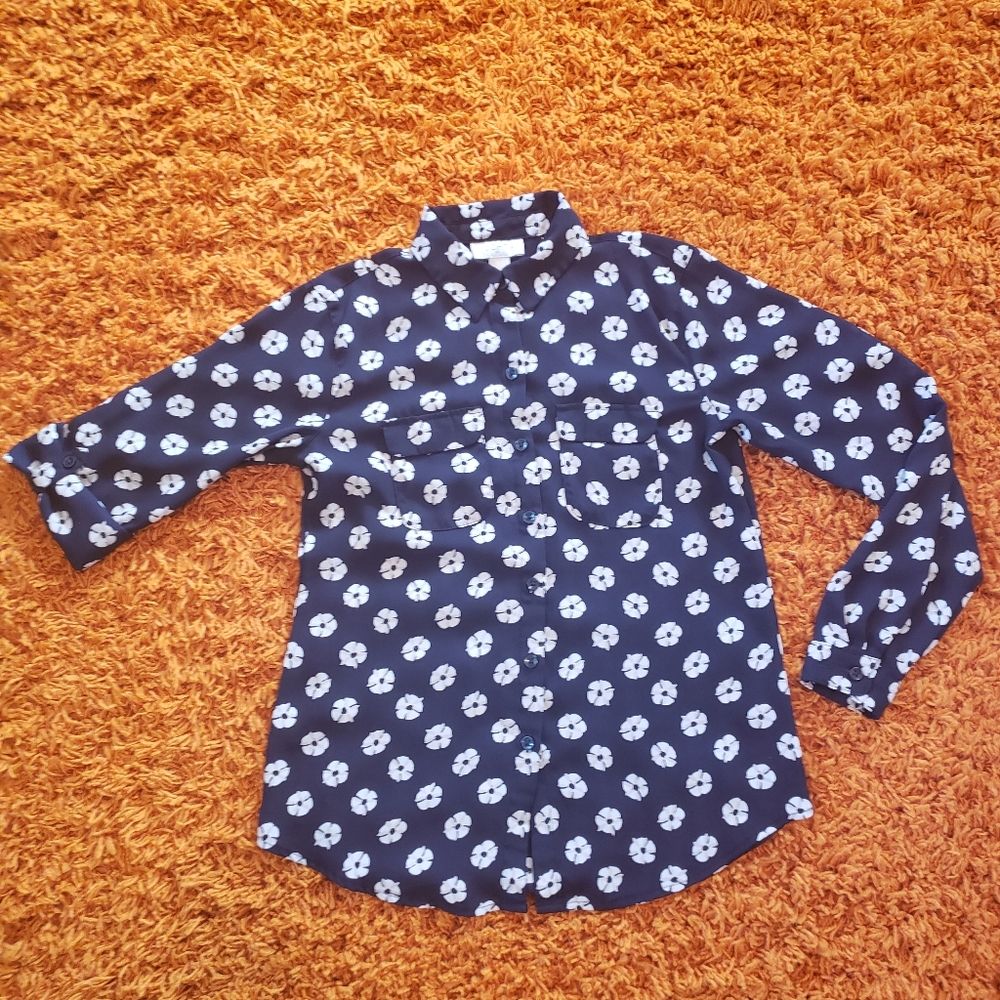 Ann Taylor Loft Navy Floral Front Flap Roll Up Sleeve Shirt